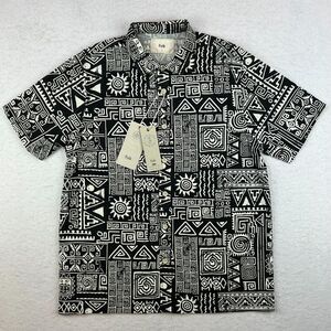 New NWT Mens Folk Machu Linen Short Sleeve‎ Button Down Black Shirt Size Small